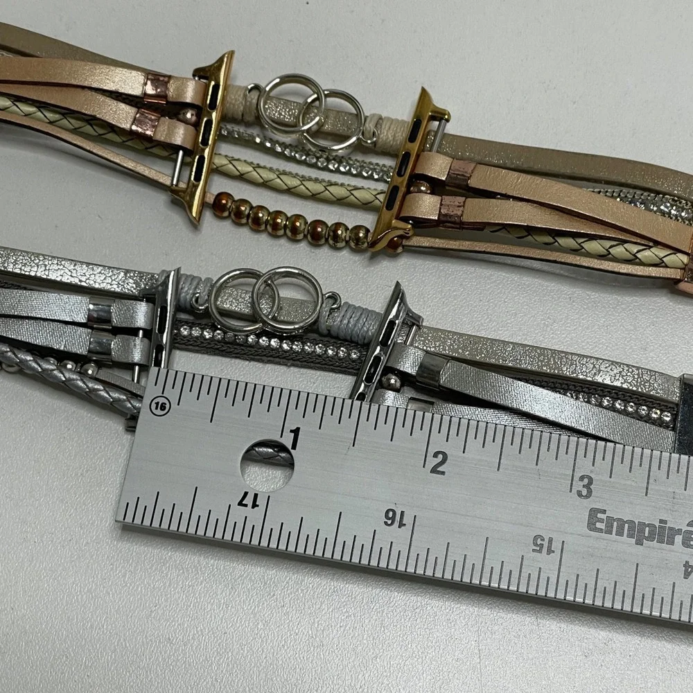Set of 2 Boho Multi-Strand Leather Apple Watch Bands Rose Gold and Silver